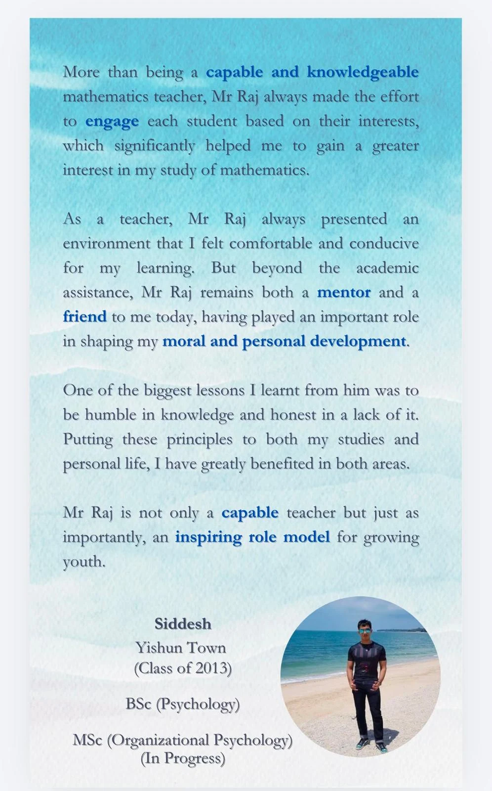 Student testimonial from Siddesh