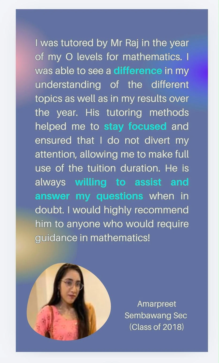 Student testimonial from Amarpreet
