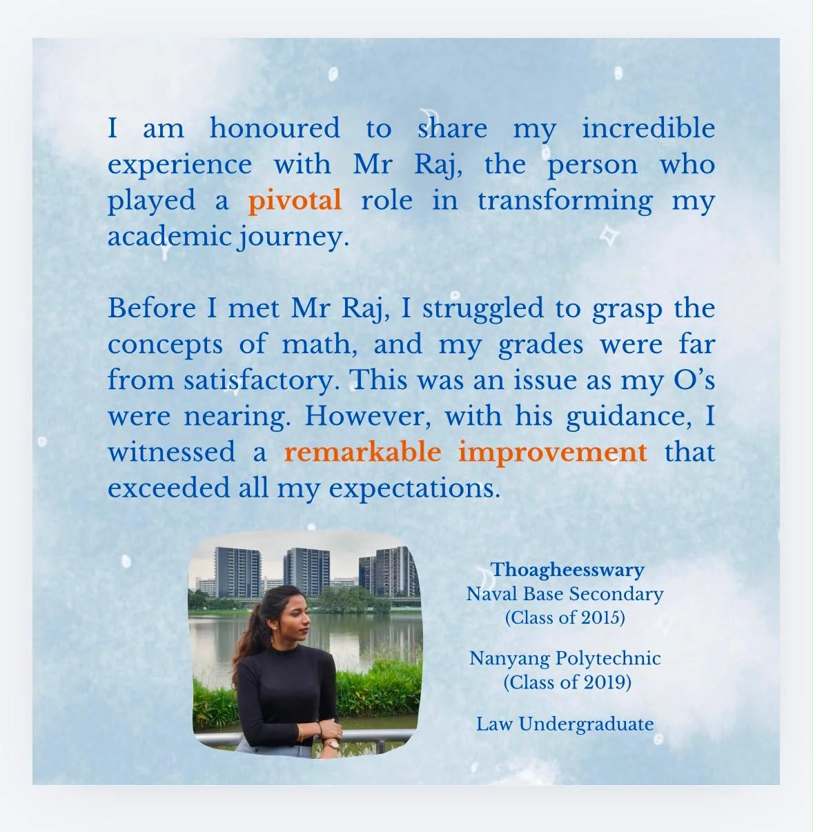 Student testimonial from Thoagheesswary, part one