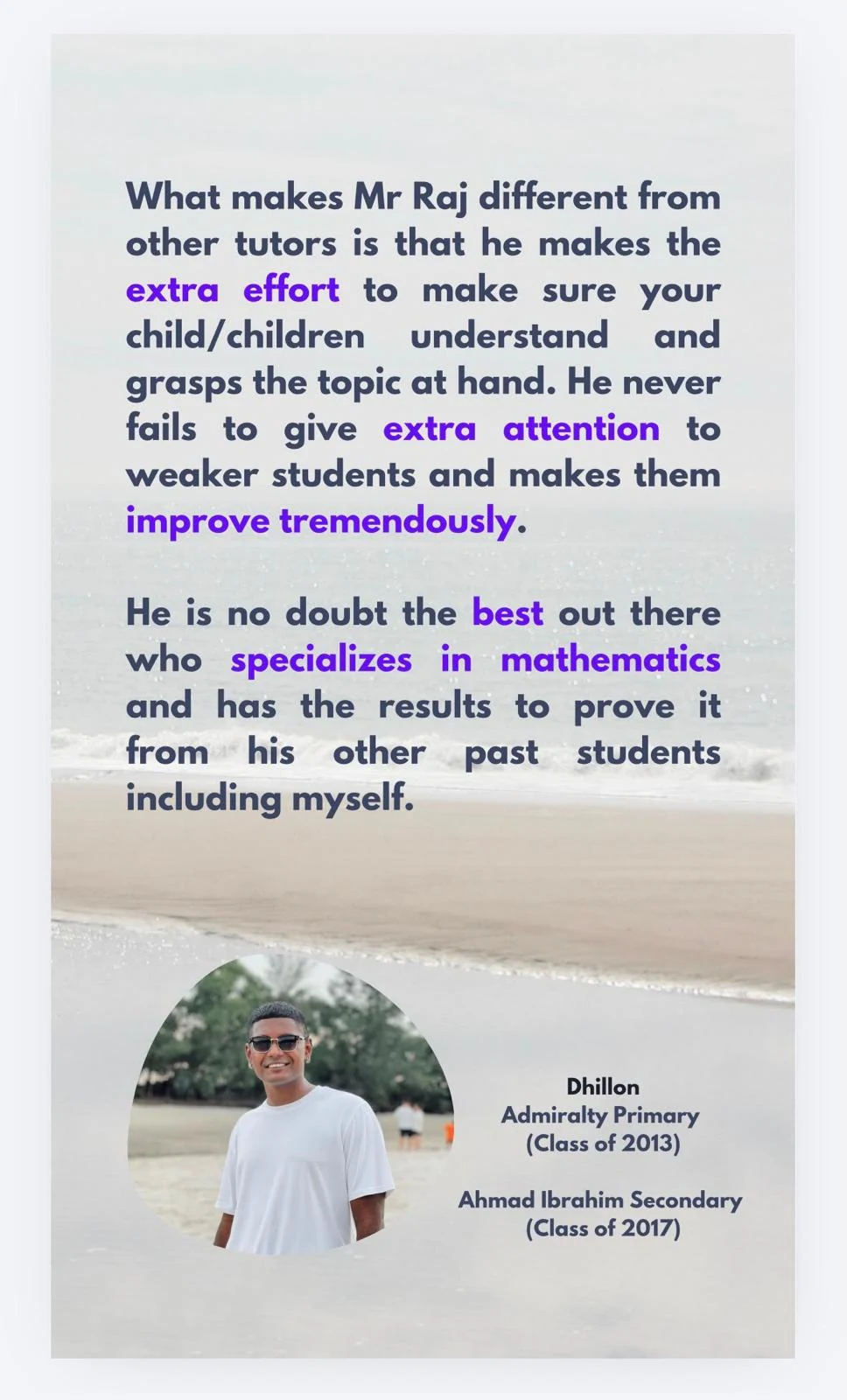 Student testimonial from Dhillon