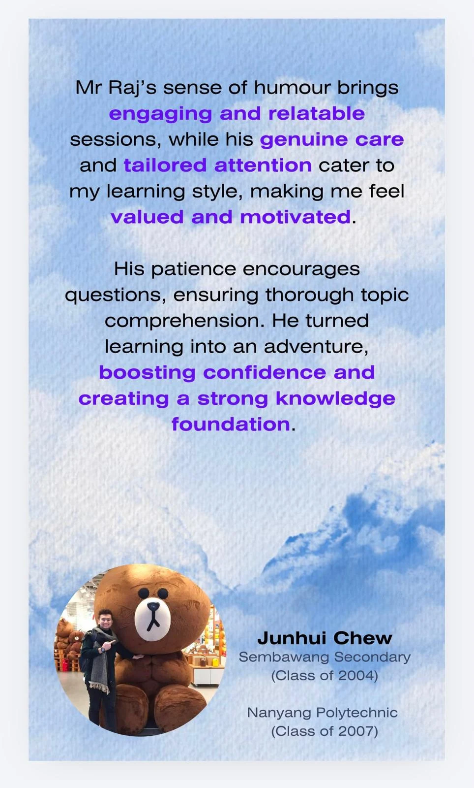 Student testimonial from Junhui Chew, part one